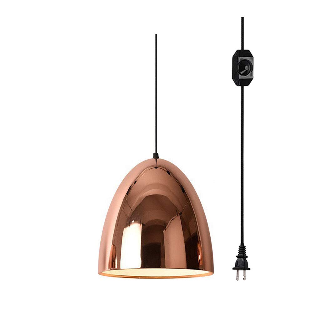 15FT UL Listed Plug-in Dimmer Switch Cord with Rose Gold Iron Shade - Nordic Style Chandelier Pendant Light (Bulb Not Included) - Perfect for Living Room, Bedroom, and Dining Room Decoration