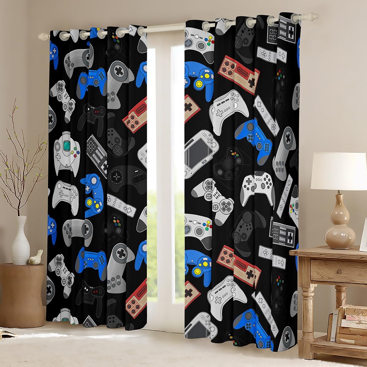 Erosebridal Blue & Black Video Game Controller Curtains for Boys Room - 2 Panel Set (38x54 Inch) - Perfect for Teen Bedroom, Gaming Room & Living Room Window Treatments