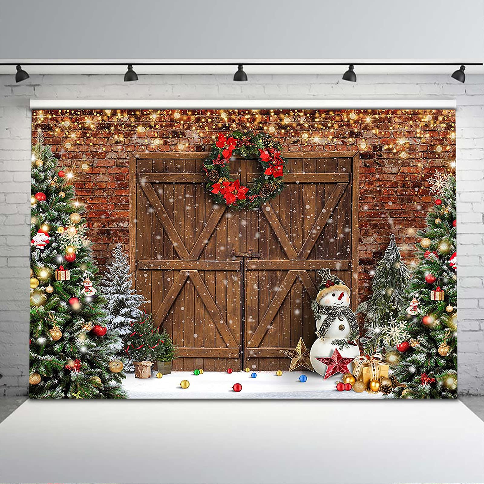 Vintage Rustic Barn Door Christmas Backdrop with Glitter Lights – 10x8ft Winter Holiday Photography Background for Kids, Family, Xmas Party & Studio Decor – Perfect for Merry Christmas Celebrations, Festive Photo Shoots, and Seasonal Home Decor