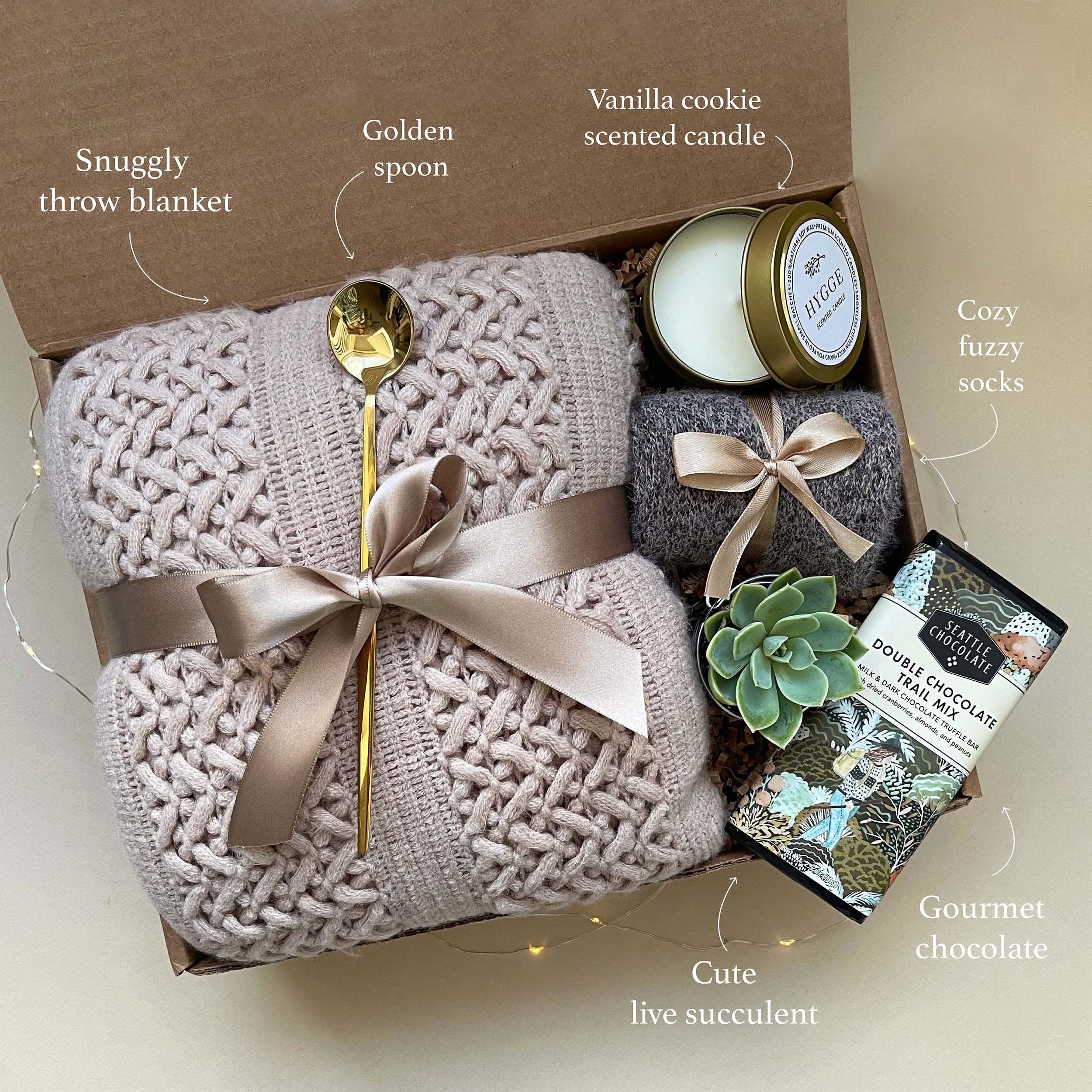 Healing Gift Box for Women - Cozy Blanket, Succulent Plant, Soft Socks & Scented Candle | Self-Care, Spa Day & Relaxation Gift Set