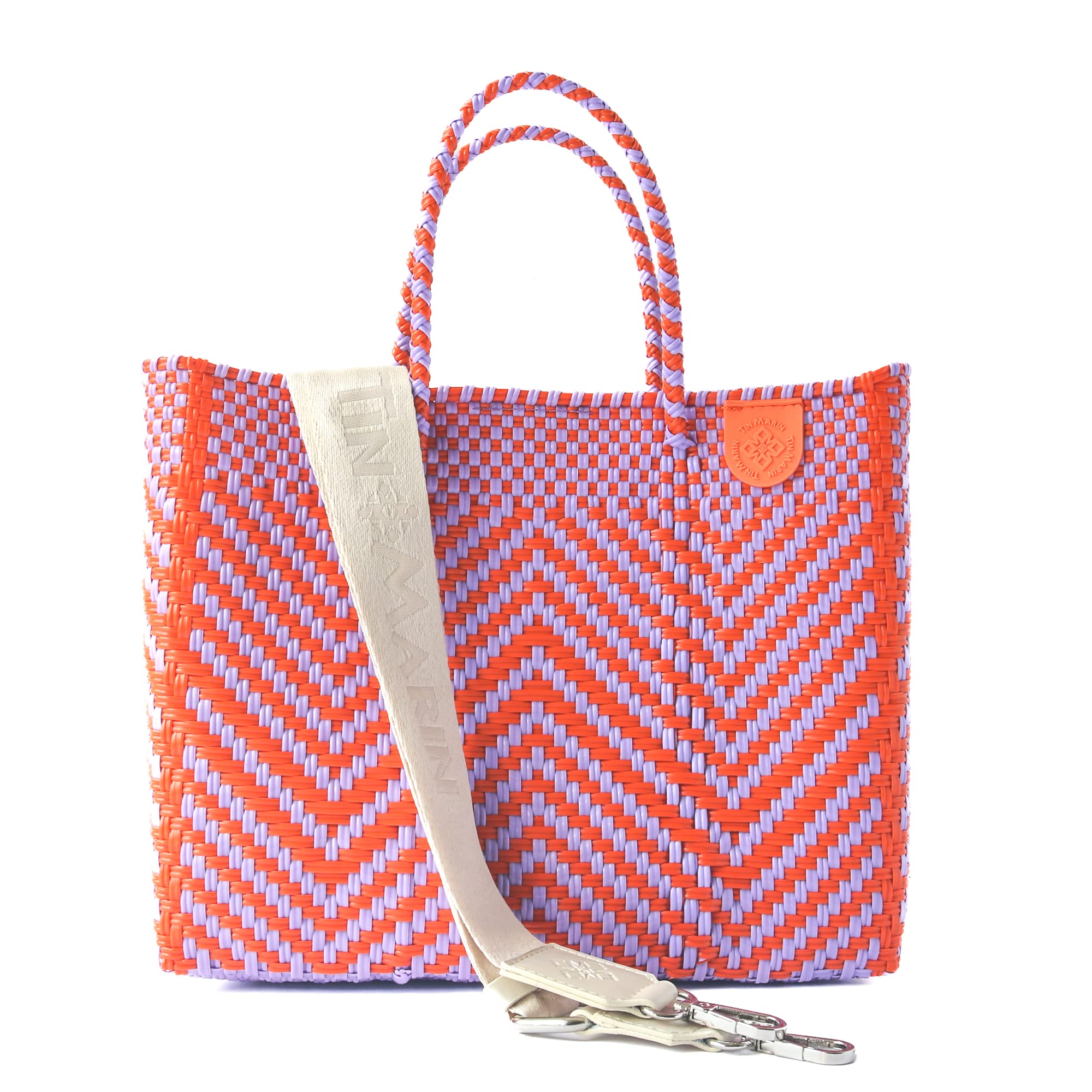 Positano Medium Woven Crossbody Bag with Detachable Mesh Pouch - Orange & Purple Recycled Plastic Beach Purse | Handmade Mexican Artisan Bag for Vacation, Travel & Resort Wear