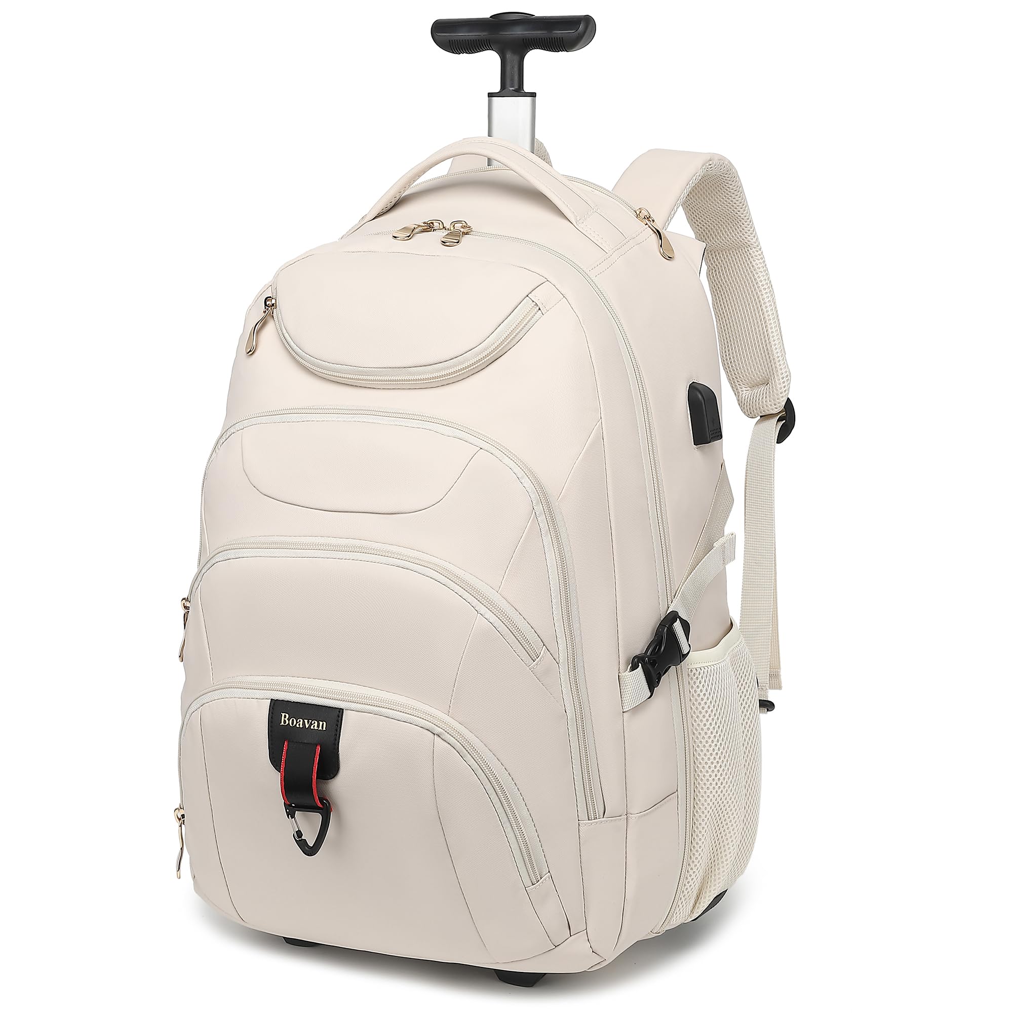 Boavan 17.3 Inch Rolling Backpack for Women - Wheeled Laptop Backpack with USB Charging Port, Waterproof Travel Carry-On Bag for College Students & Teachers, Business Overnight Luggage for Airplane (Beige) - Perfect for School, Work Commute & Business Trips