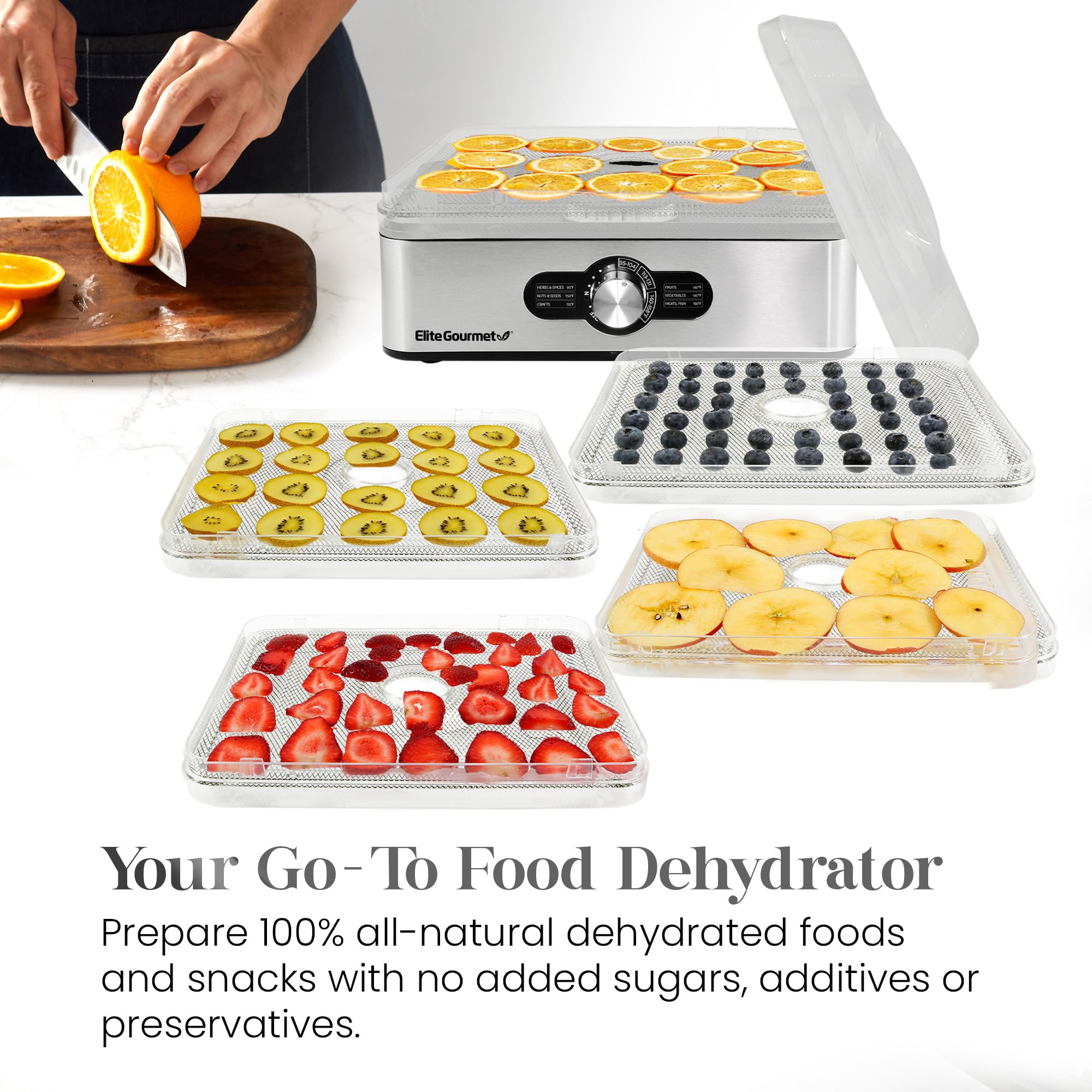 Elite Gourmet EFD3321X Stainless Steel Food Dehydrator with Adjustable Temperature - Perfect for Making Beef Jerky, Drying Herbs, Fruits, Vegetables & Healthy Snacks | Ideal for Home Kitchen, Camping & Meal Prep