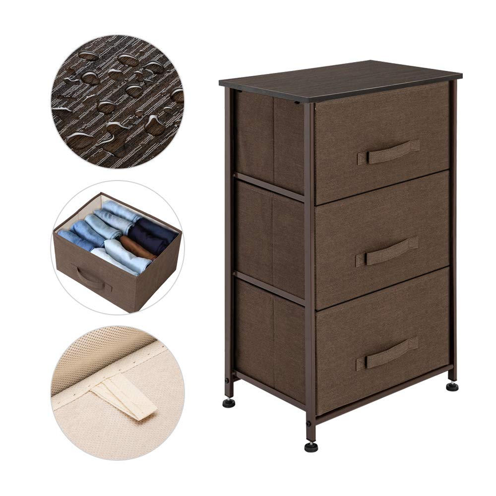 Modern Nightstand with 3 Fabric Drawers - Wood Top Bedside Table with Storage Bins - Lightweight Accent Furniture for Bedroom, Nursery, Hallway & Entryway - Perfect for Small Spaces & Apartment Living (Brown)