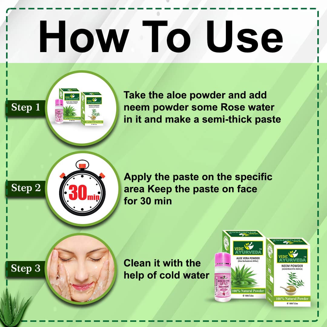 VEDICAYURVEDA Aloe Vera & Neem Powder for Skin Moisturizing, Anti-Aging, Natural Face Cleanser with Rose Water for Glowing Skin & Blackhead Removal (100g, Pack of 3) - Perfect for Daily Skincare Routine & Spa Treatments