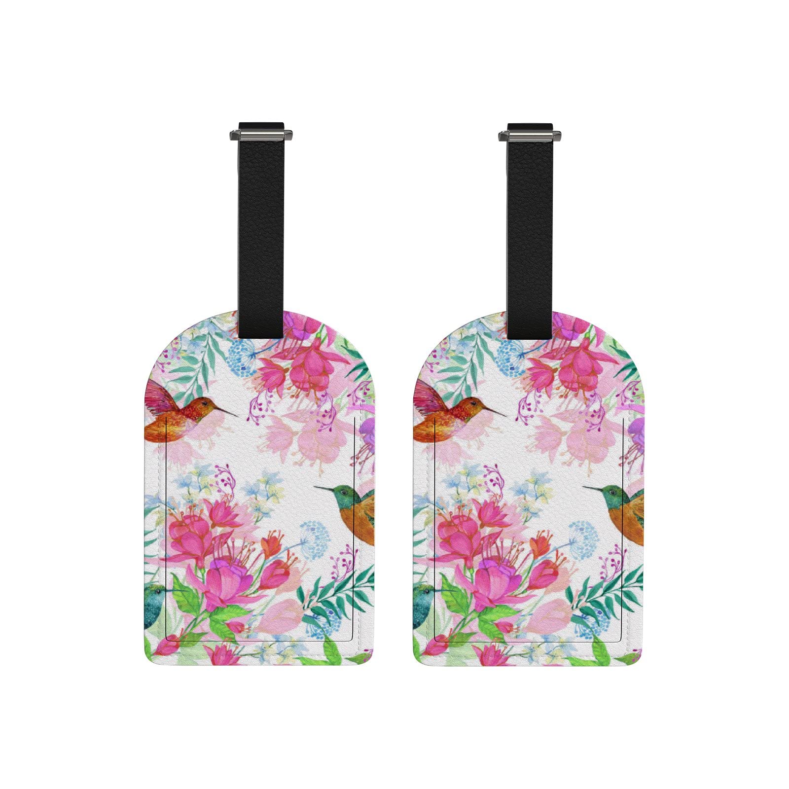 Premium Leather Luggage Tags with Hummingbird & Floral Design - 2 Pack Privacy ID Tags for Suitcases, Travel Bags & Backpacks - Perfect for Air Travel, Vacation & Business Trips