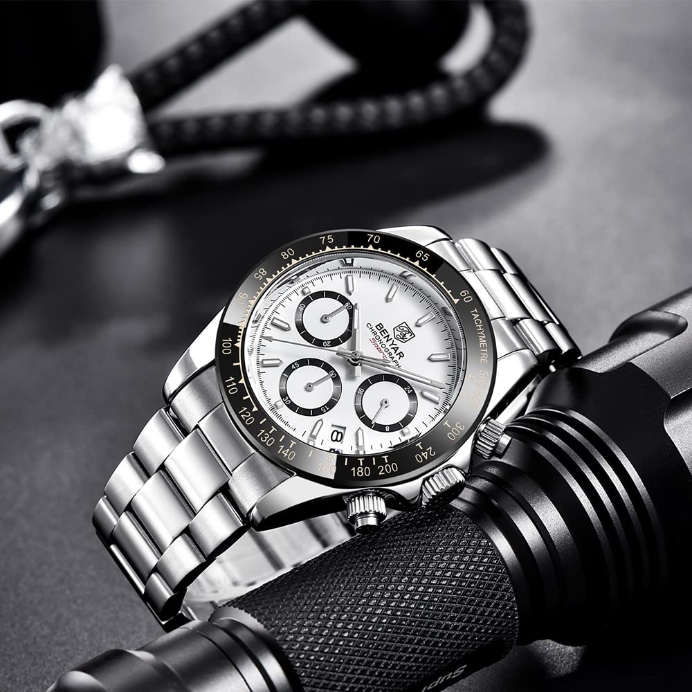 BENYAR Men's Fashion Quartz Analog Chronograph Watch - Waterproof, Scratch Resistant Stainless Steel Strap for Business, Leisure & Sports Activities