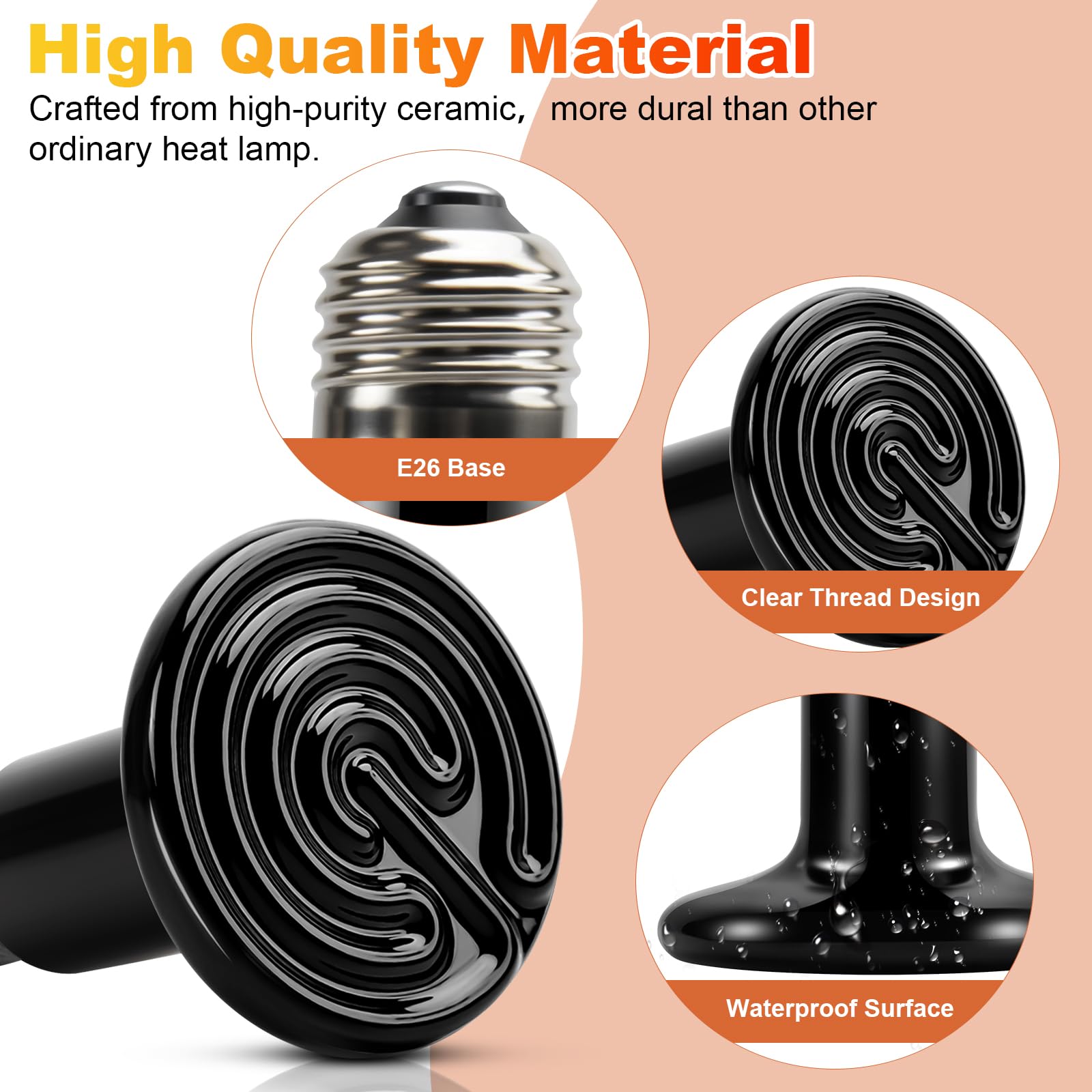 150W Reptile Heat Lamp 2-Pack - Ceramic Heat Emitter Bulbs for Terrariums | No Light Emitting Heat Source for Bearded Dragons, Geckos, Lizards, Turtles, Snakes & Chickens | Perfect for Nighttime Heating & Winter Warmth in Reptile Habitats