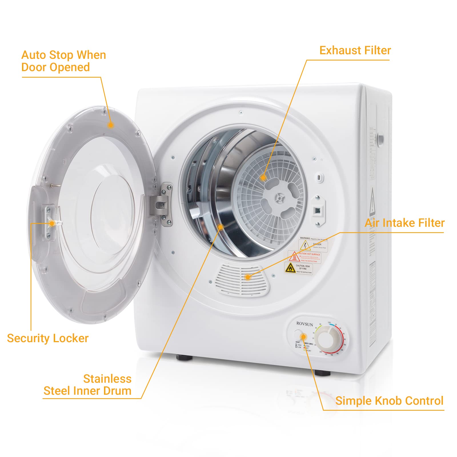 Bonnlo Portable Front Load Electric Clothes Dryer Machine - Compact Laundry Dryer with Stainless Steel Tub for Home, Apartment, Dorm - White (Classic Knob Control) - Perfect for Small Spaces & Quick Drying
