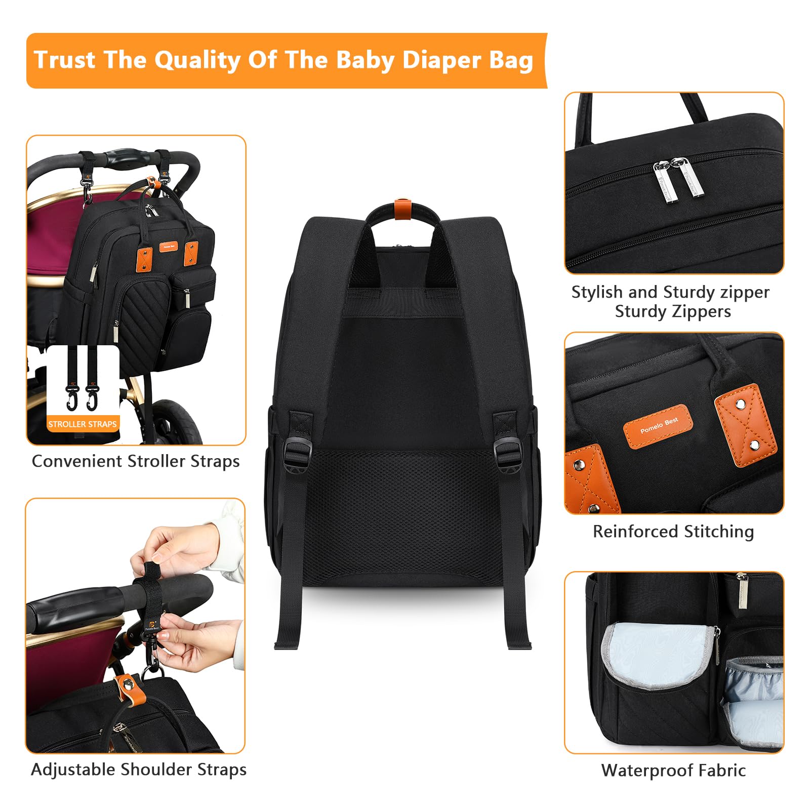 Large Waterproof Diaper Backpack for Baby - Multi-Pocket Travel Diaper Bag with Built-in Stroller Straps, Spacious & Organized (Black) - Perfect for Moms on the Go, Daycare, and Family Outings