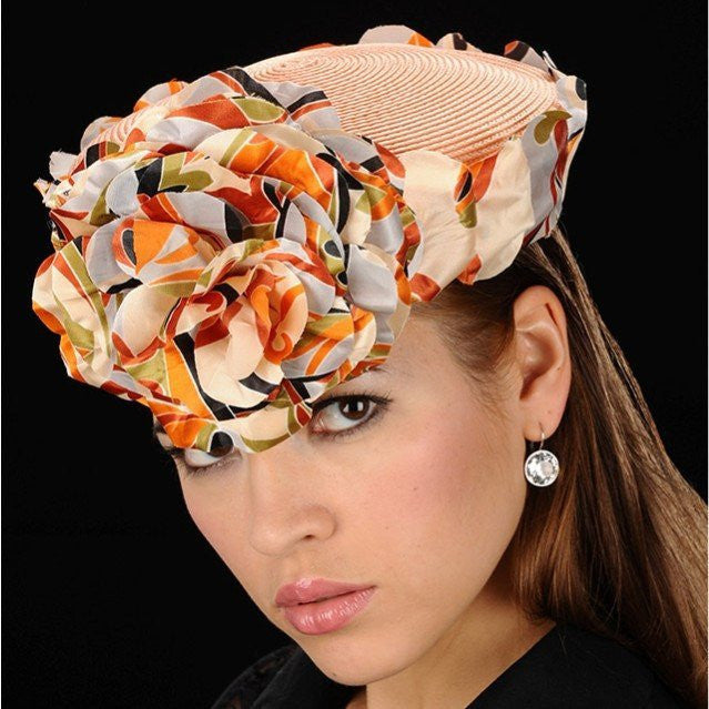 NA1011 Peach Pillbox Dress Hat with Unique Flower Pebbles - Elegant Vintage Headpiece for Weddings, Tea Parties & Special Occasions