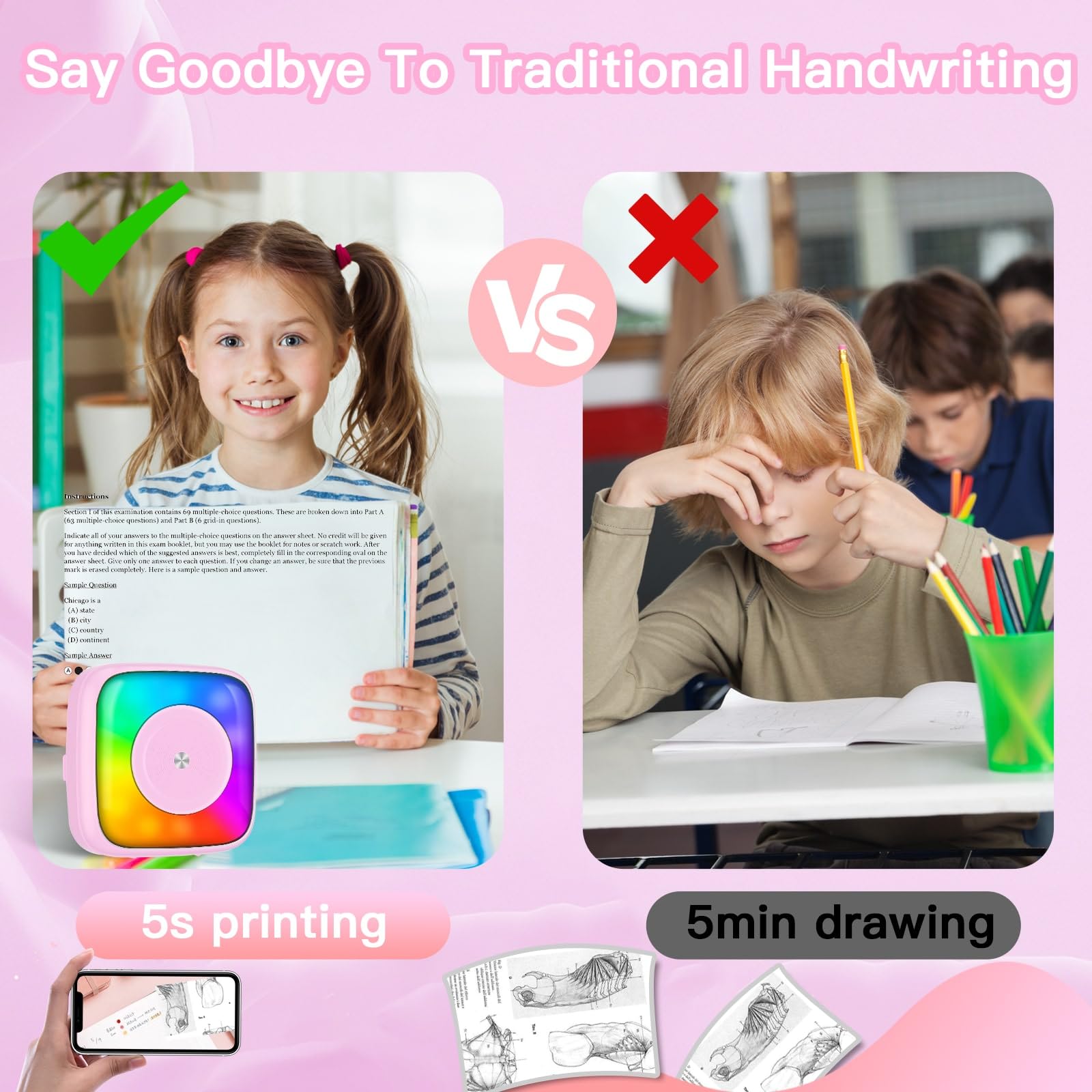 Mini Sticker Printer with 6 Rolls Paper - Portable Thermal Label Maker for DIY Scrapbooking, Travel Journaling, Note Taking & Memos - 7 Color LED Light Modes - Wireless Bluetooth Compatible with iPhone & Android Phones - Perfect for Home Office, School Projects & Gift Wrapping