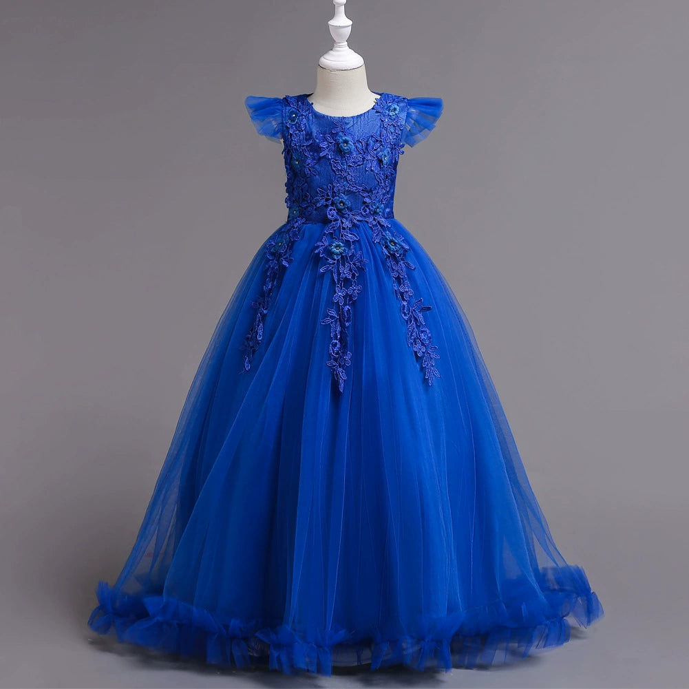 Elegant Blue A-Line Floor-Length Lace Flower Girl Dress for Weddings, Baptisms & Special Occasions