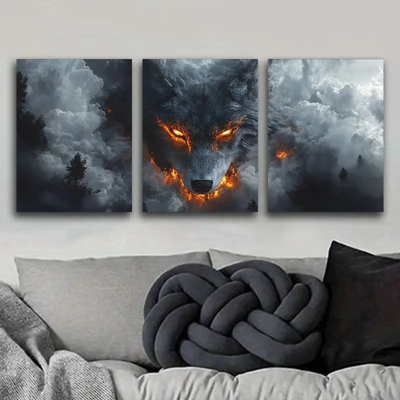 3PCS White Wolf with Fiery Eyes Metal Wall Art - Ready to Hang, Modern Home Decor for Living Room, Bedroom & Office