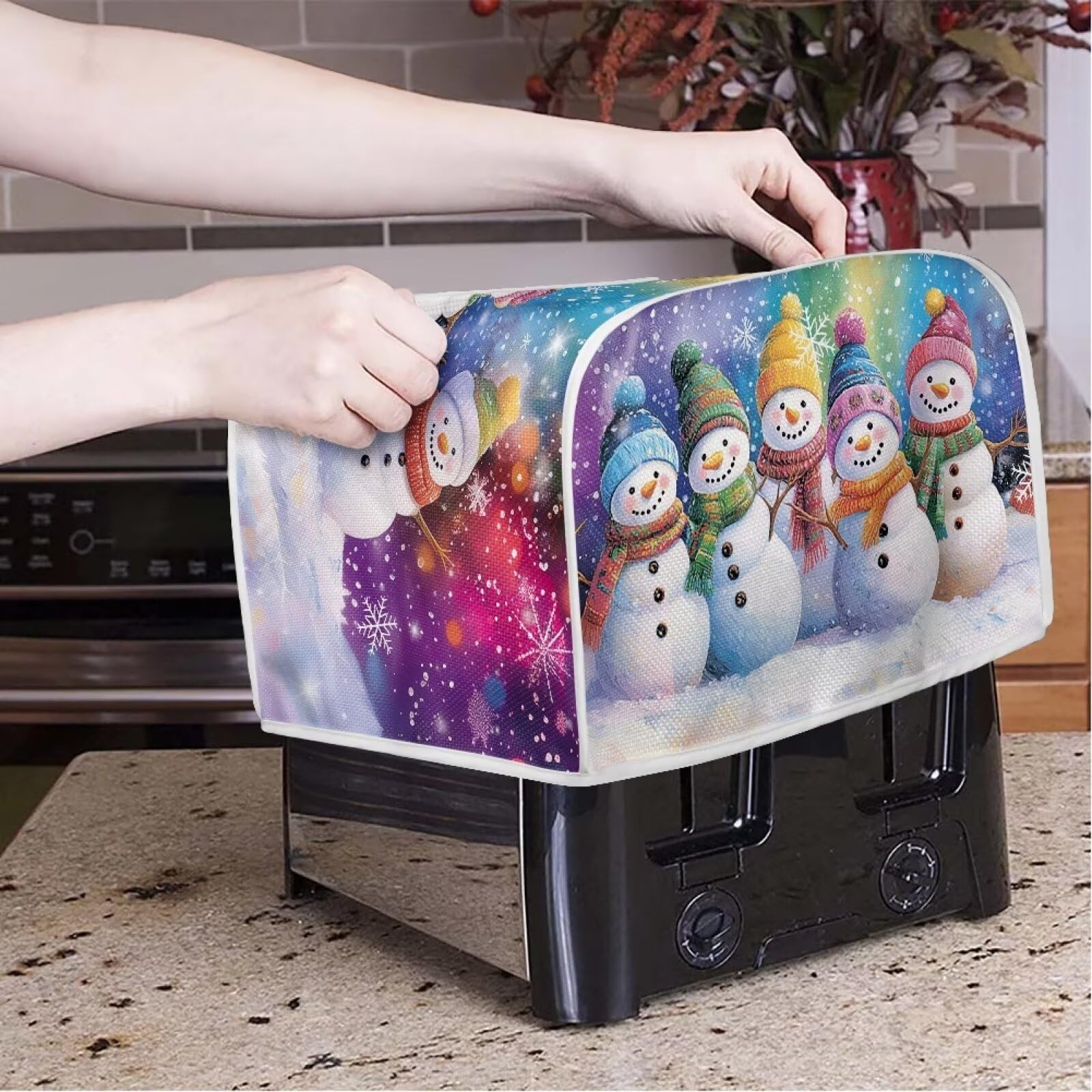 Snowman Print 4-Slice Toaster Cover - Washable Kitchen Accessory, Oven & Bread Maker Protector, Dust & Fingerprint Proof - Festive Purple Kitchen Decor for Christmas & Winter Home Decoration