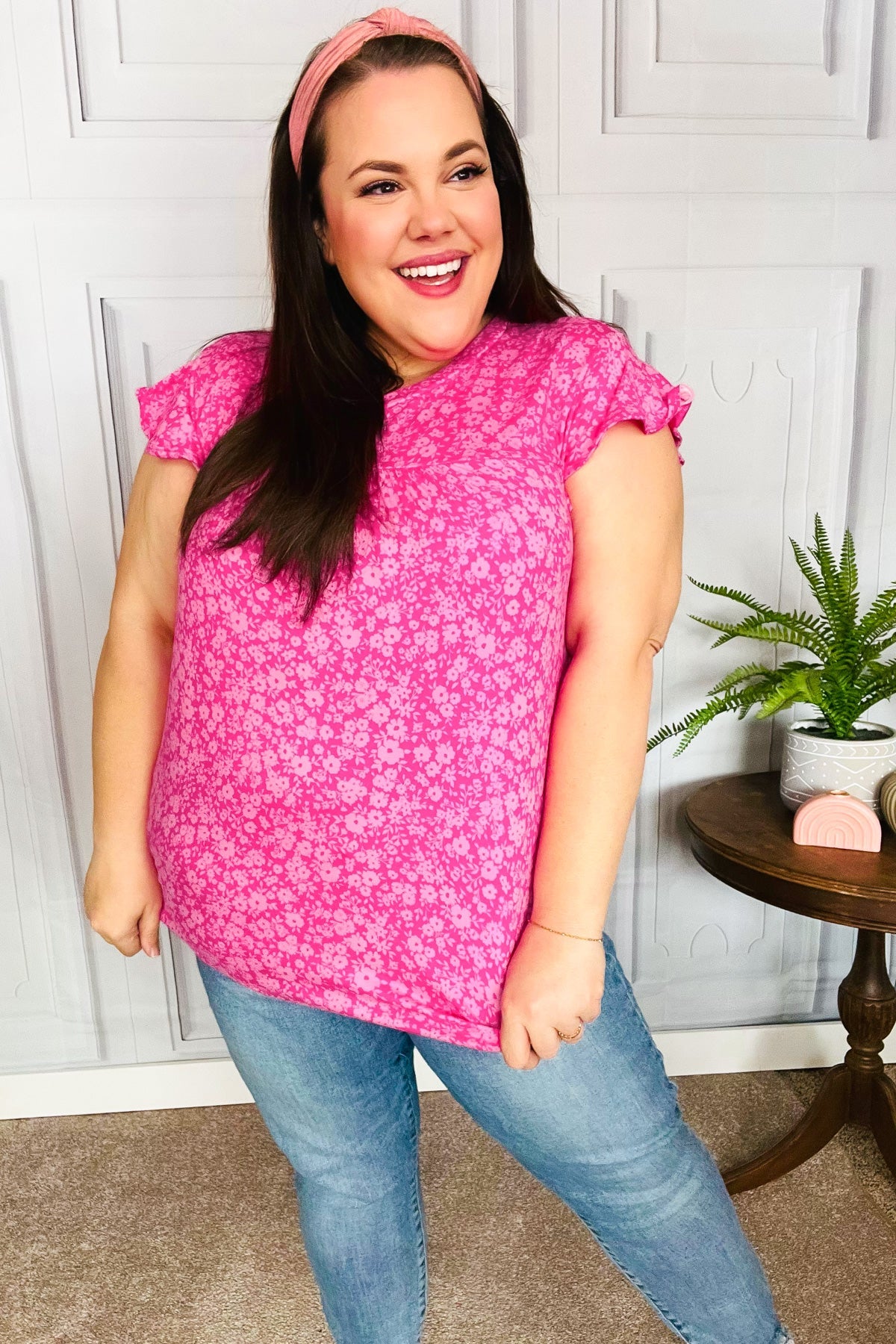 Look Of Love Fuchsia Floral Yoke Ruffle Short Sleeve Blouse - Women's Romantic Floral Print Summer Top for Date Night & Outdoor Parties