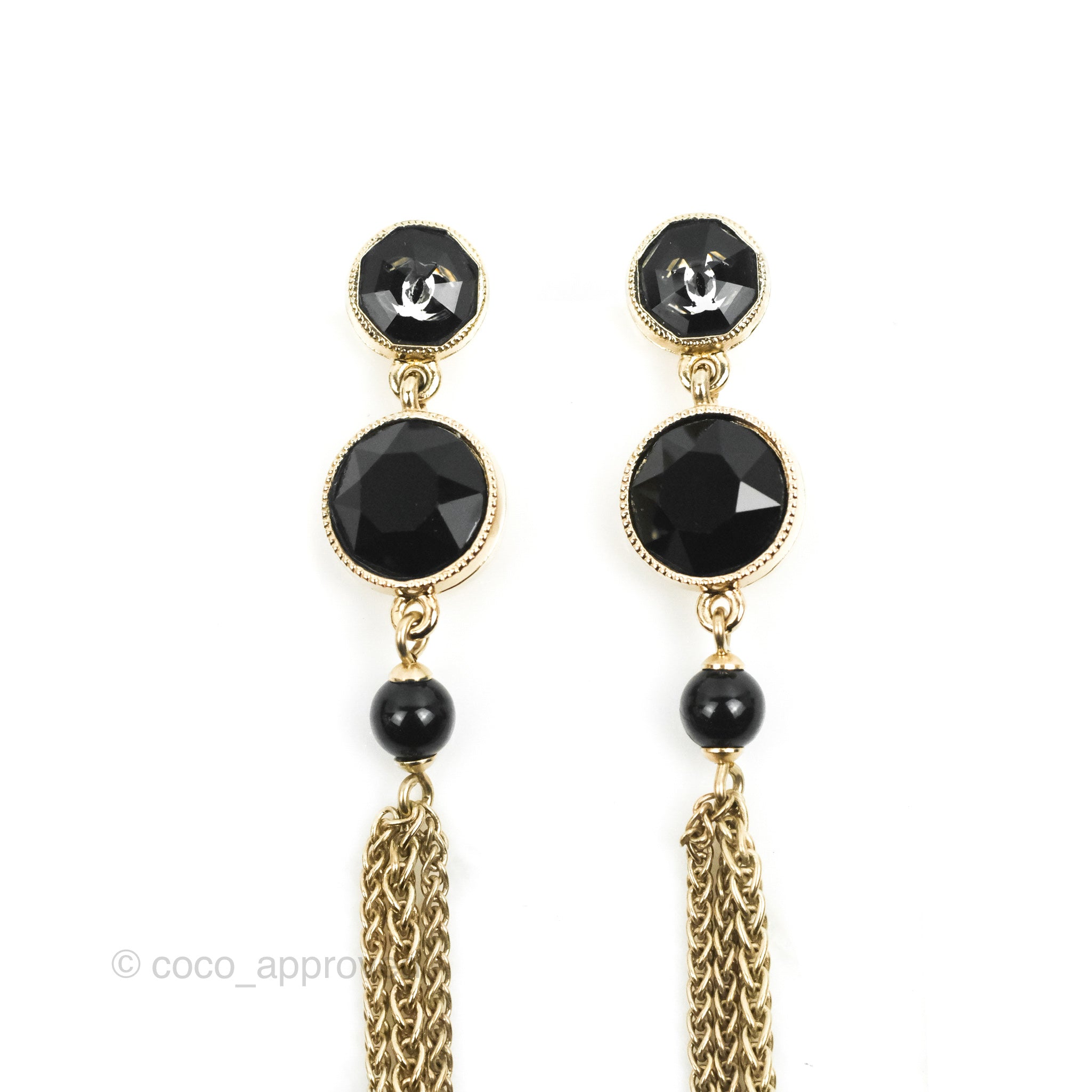 Chanel Black Resin Bead Long Drop Earrings in Gold Tone - Elegant 18B Collection for Women | Perfect for Evening Parties, Weddings & Special Occasions