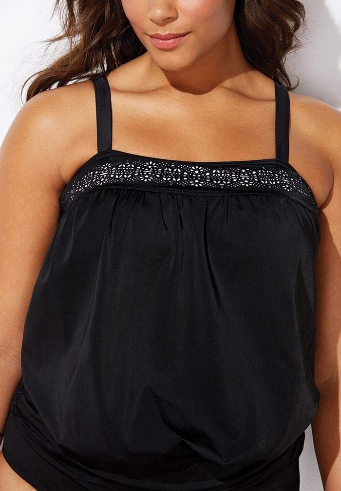 **Plus Size Women's Laser Cut Blouson Tankini Top - Flattering Swimwear for Beach, Pool & Vacation**