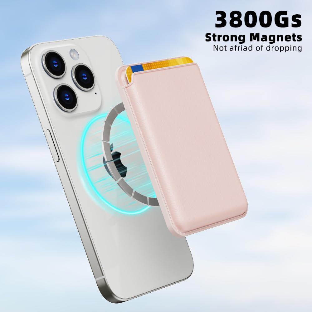 Magnetic Leather Wallet for iPhone 16/15/14/13/12 Series - Slim RFID Blocking Card Holder with Strong Magnets (Light Pink) | Perfect for Everyday Use, Travel & Contactless Payments