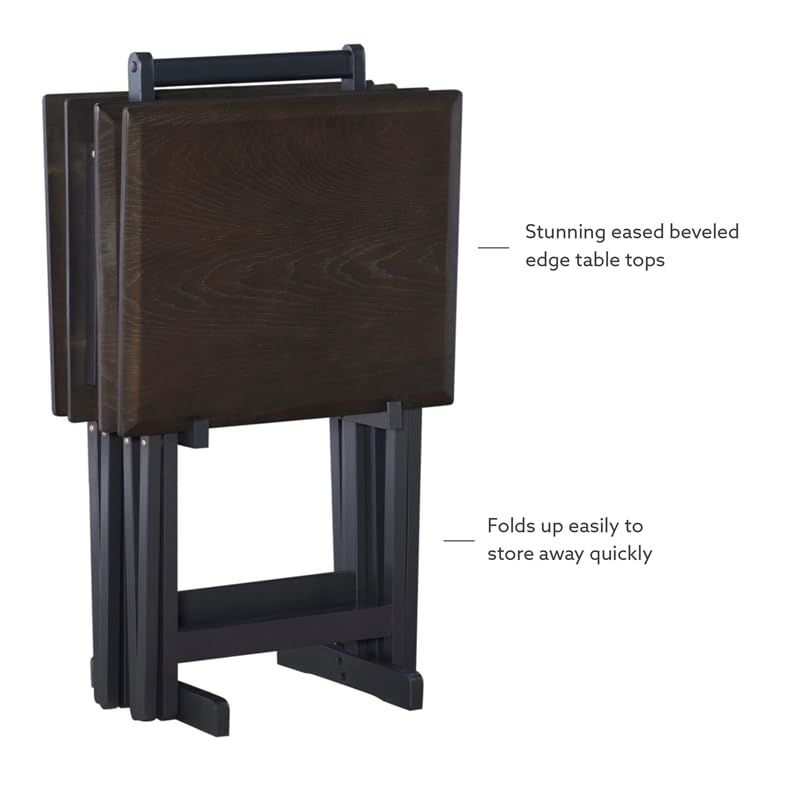 Linon Morris Folding Wood 5-Piece Tray Table Set with Stand - Brown Wooden Nesting Tables for Living Room, Bedroom & Outdoor Use