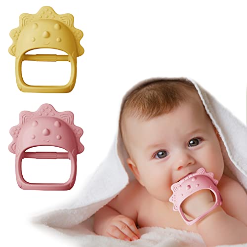 Organic Silicone Dinosaur Baby Teether Toy - BPA-Free Teething Relief for Infants 0-12 Months, Anti-Drop Chewable Mittens (2-Pack) - Perfect for Soothing Sore Gums During Playtime & Travel
