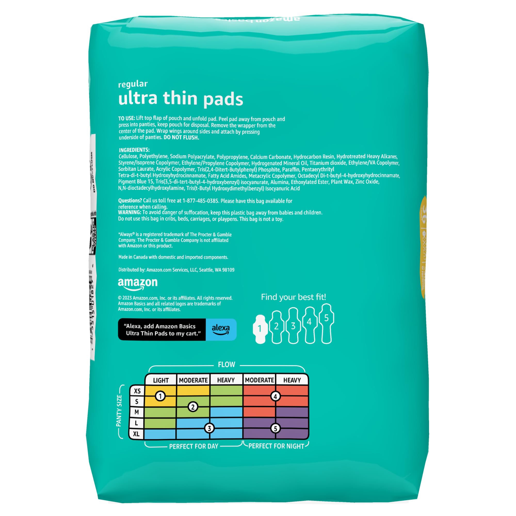 Amazon Basics Ultra Thin Regular Absorbency Pads for Women with Flexi-Wings - Unscented, Size 1, 36 Count (1 Pack) | Comfortable Daily Protection for Light Flow Days, Work & Active Lifestyle