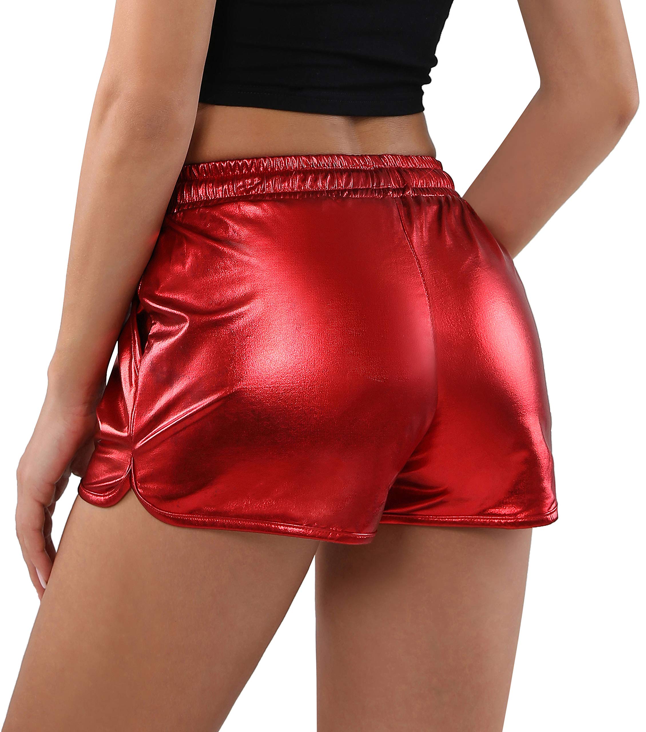 POSHDIVAH Women's Metallic Sparkly Shorts - High Waist Shiny Elastic Drawstring Gym Shorts for Running, Yoga & Night Out
