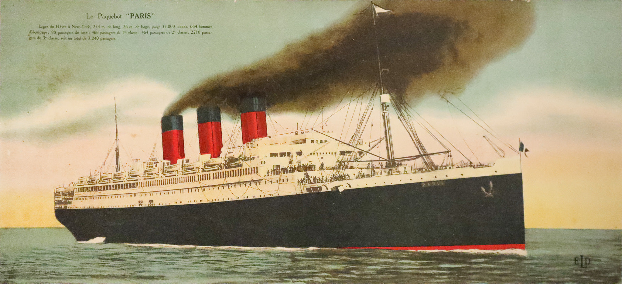 1915 Vintage French Ocean Liner Poster - S.S. Paris by Cie Gle Compagnie Generale Transatlantique - Nautical Wall Art for Home & Office Decor