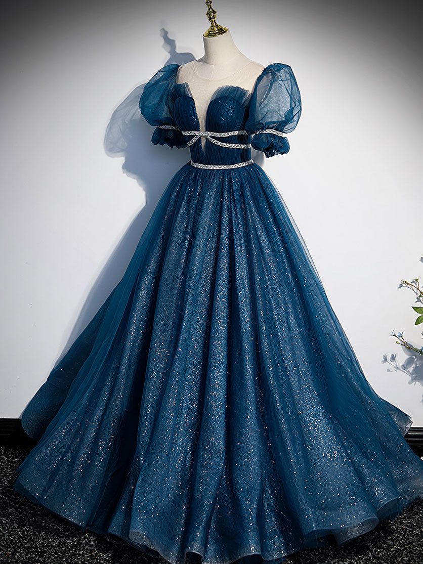 Elegant Blue Tulle Off-Shoulder Long Prom Dress for Women - Formal Evening Gown for Homecoming, Wedding, and Special Occasions