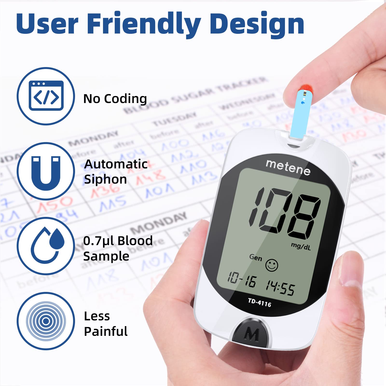 Metene TD 4116 Blood Glucose Test Strips - 300 Count Diabetic Testing Strips for Accurate Blood Sugar Monitoring | Compatible with Metene TD 4116 Glucose Meter (No Monitor Included) | Ideal for Daily Diabetes Management at Home or Travel