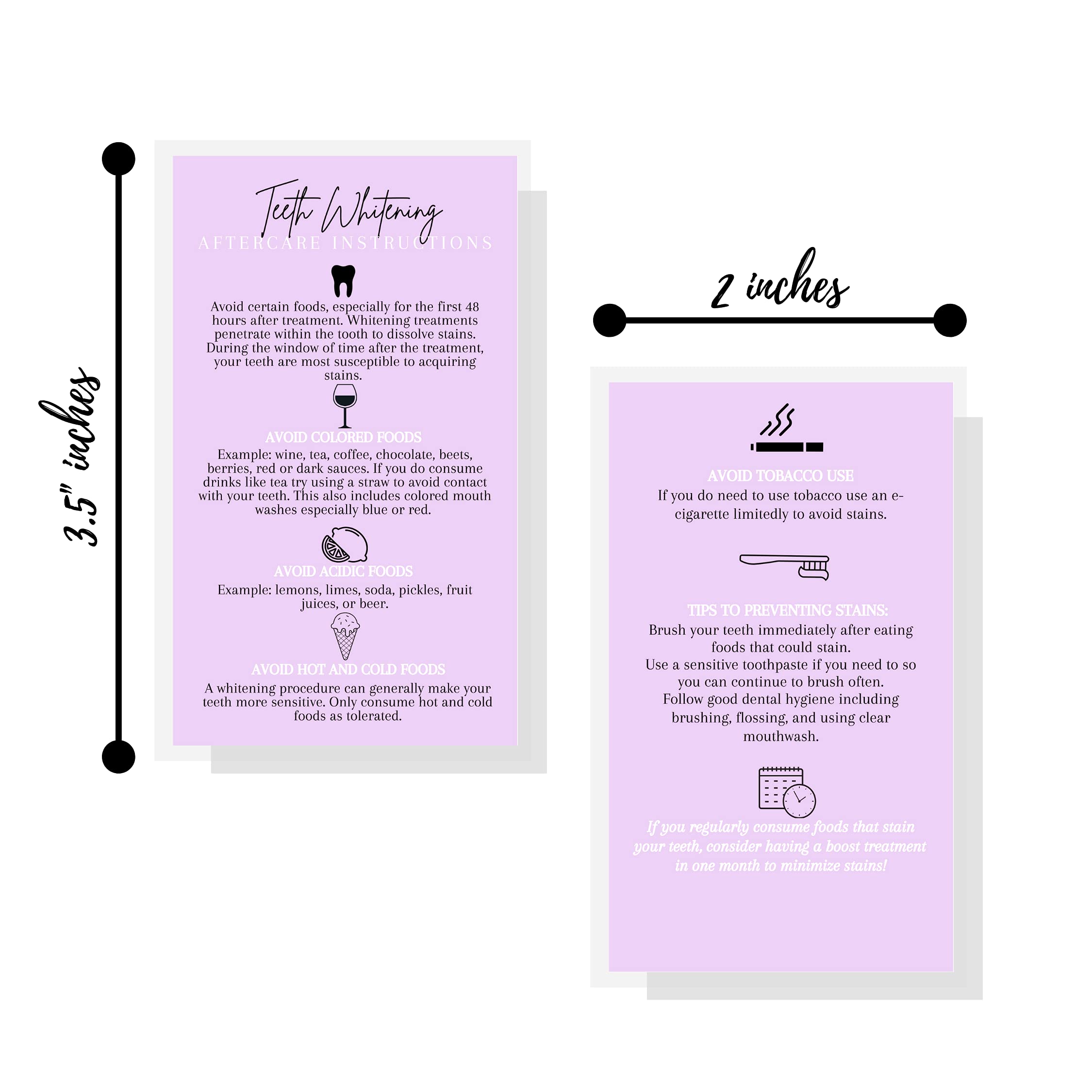 Boutique Marketing LLC Teeth Whitening Aftercare Instructions Cards - 50 Pack of 2x3.5 Inch Business Cards | Wallet-Sized Lavender Purple Design | Perfect for Dental Offices, Beauty Salons & Home Whitening Kits