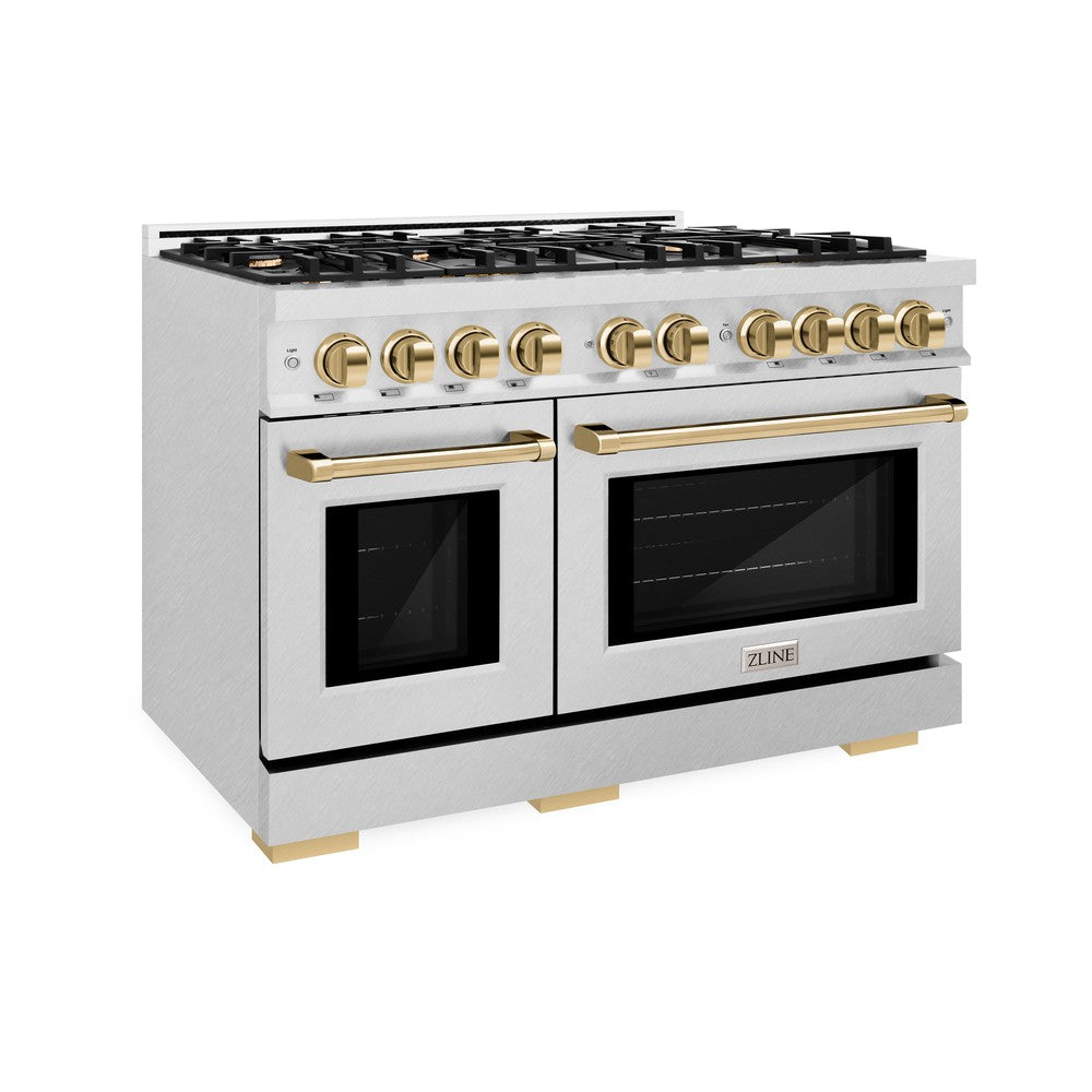 ZLINE Autograph Edition 48-Inch 6.7 cu. ft. Professional Double Oven Gas Range with 8-Burner Cooktop in Satin Stainless Steel & Polished Gold Accents (HGRSZ 48 G) - Perfect for Large Kitchens, Gourmet Cooking, and Entertaining