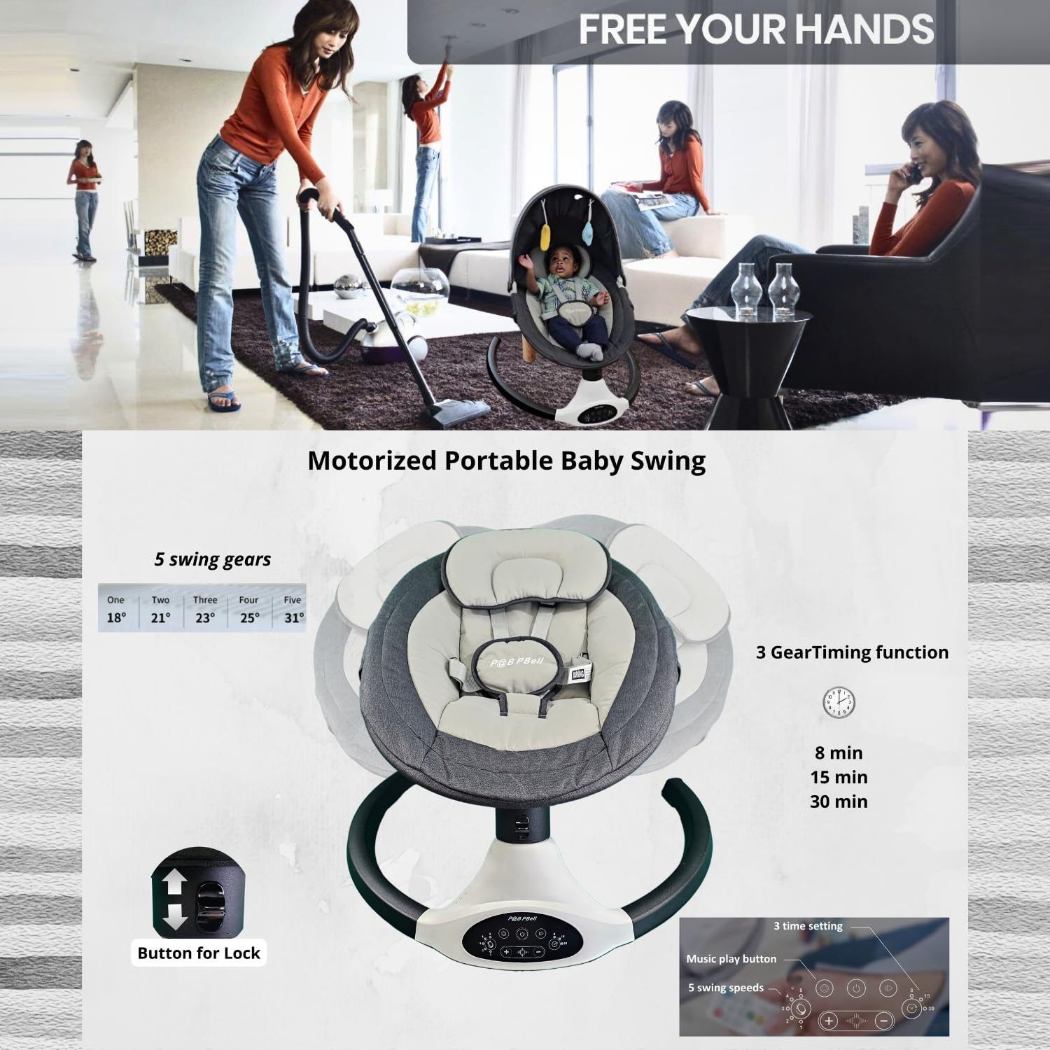 PBell Electric Baby Swing for Infants & Toddlers - Portable Bluetooth Baby Swinger with 5 Speeds, Remote Control & Music Speaker - Newborn Rocker with 5-Point Safety Belt & 2 Toys (Black) - Perfect for Nursery, Travel & Soothing Fussy Babies