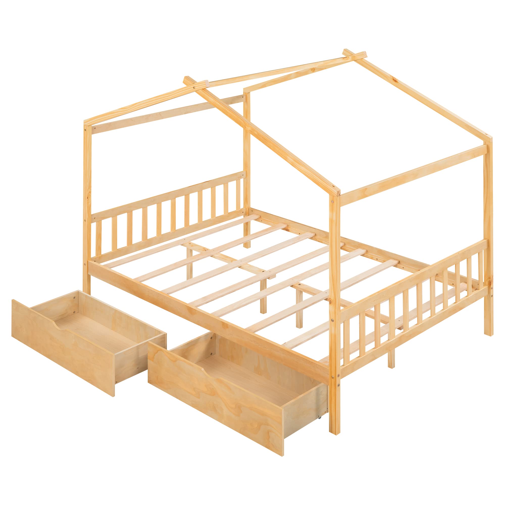 Solid Wood Full Bed Frame with Headboard & Footboard - Low Profile House Bed with Underbed Storage Drawers - Natural Finish for Kids, Teens, Boys & Girls - Perfect for Small Bedrooms, Dorm Rooms & Guest Rooms