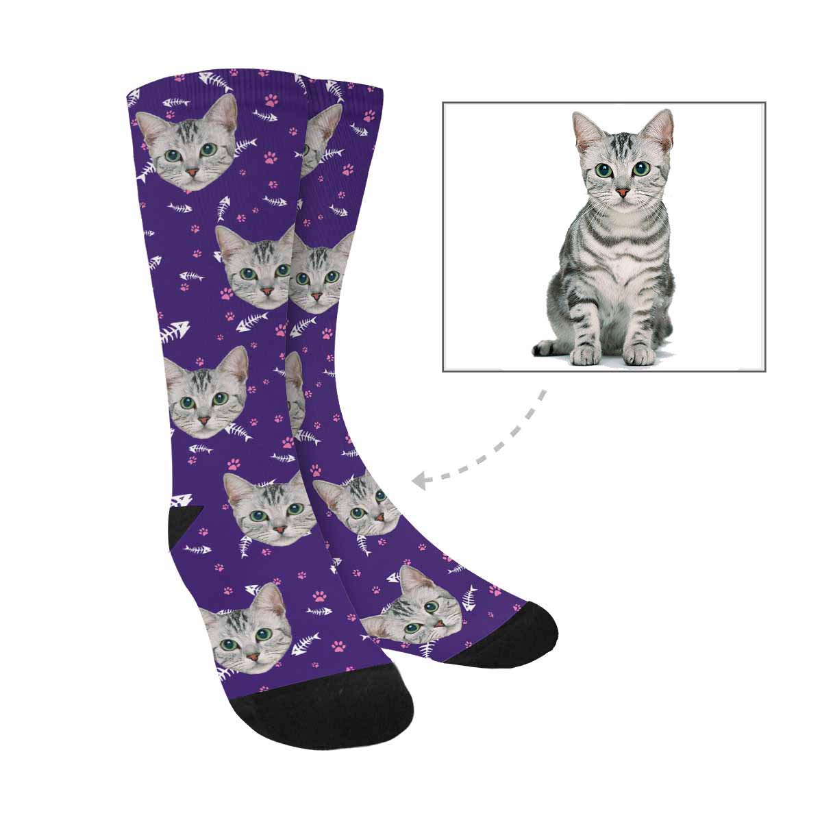 Custom Personalized Pet Face Photo Socks - Dog & Cat Paw Prints, Fish Bones Design - Crew Socks for Men & Women - Perfect Gift for Pet Lovers, Birthday & Christmas Presents