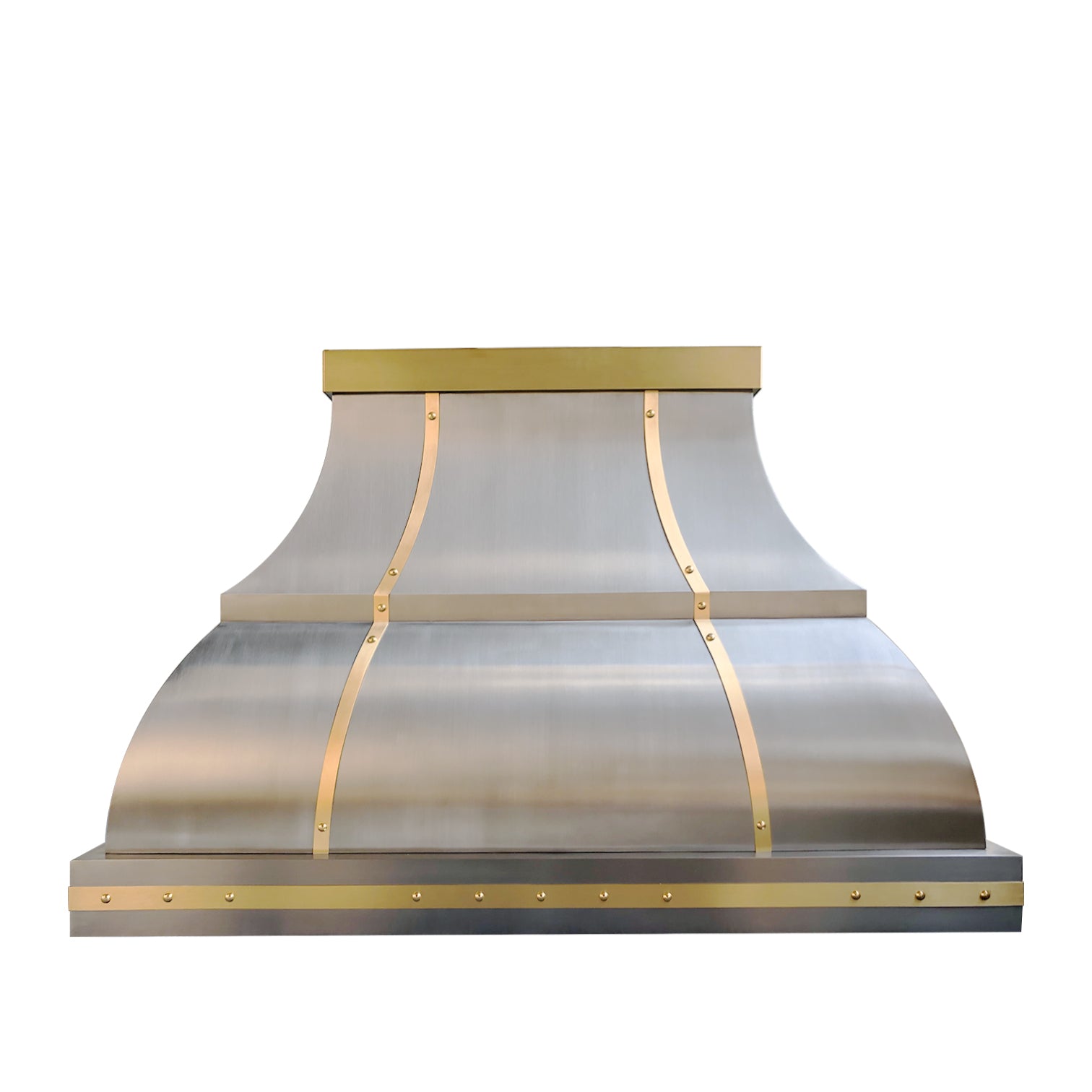 Premium RHM Curved Stainless Steel Custom Range Hood with Brass Accents - H1 2TRM Model for Raul | Modern Kitchen Ventilation for Home Chefs & Luxury Interior Design