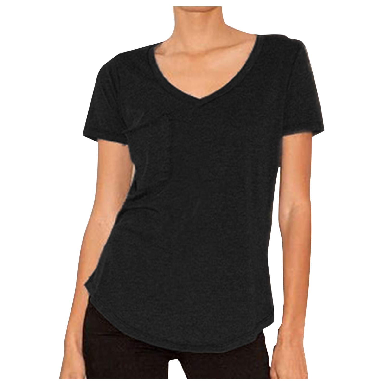 Qopobobo Women's Short Sleeve V-Neck Pocket Ruffled Loose T-Shirt - Solid Color Basic Tunic Top for Casual Wear & Summer Outfits