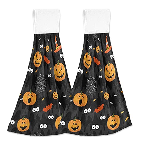 Halloween Pumpkin Jack Face Bat Kitchen Towels - 2PCS Soft Absorbent Dish Cloth & Hand Towel with Hanging Loop for Bathroom, Oven, Stove Handle, and Tabletop - Perfect for Halloween Decor, Kitchen Cleaning, and Holiday Gift Giving