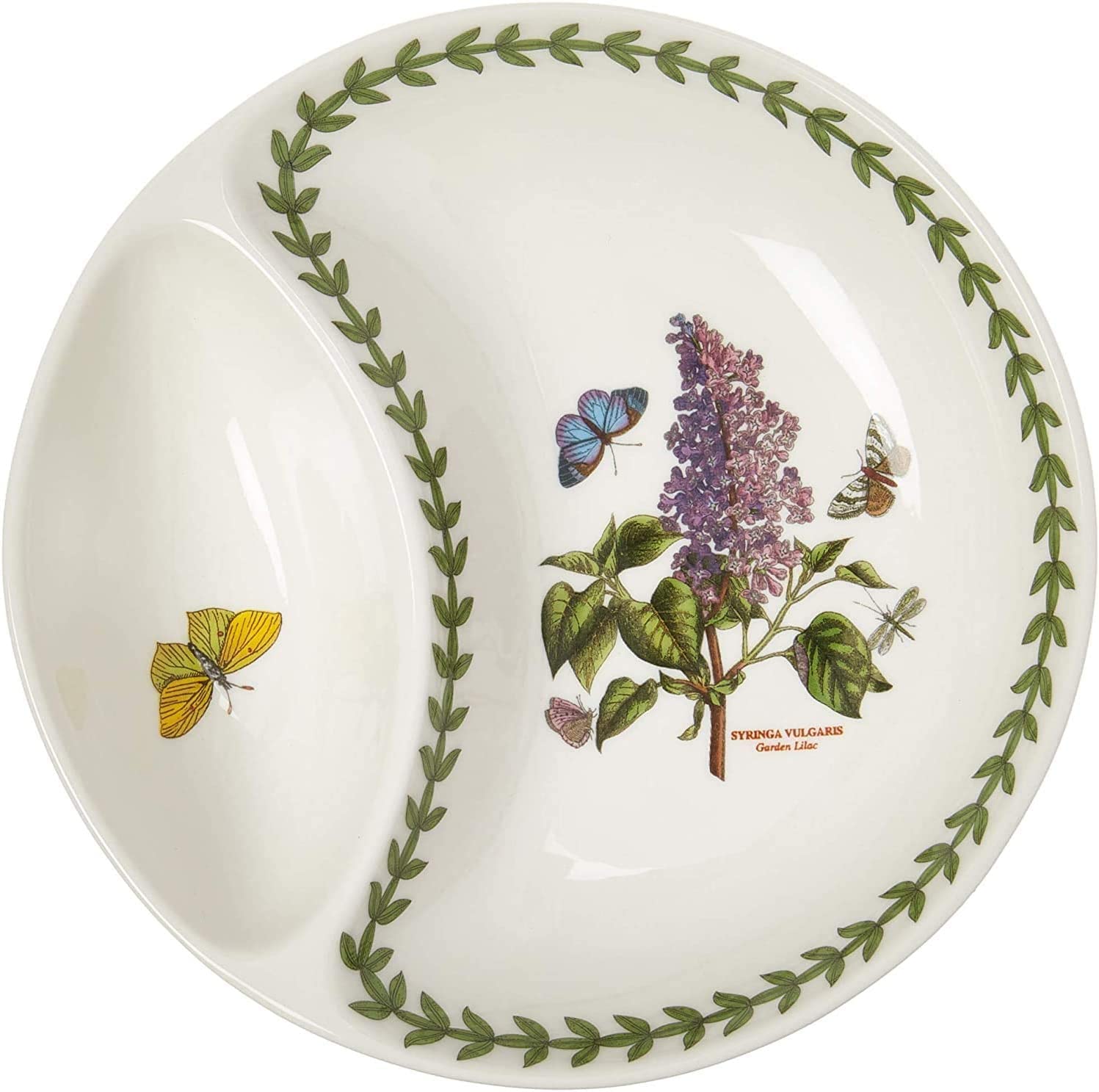 Portmeirion Botanic Garden 6-Inch Round Divided Serving Dish with Lilac Floral Design - Chip-Resistant Porcelain Serveware for Oven, Microwave & Dishwasher - Perfect for Appetizers, Desserts, and Entertaining