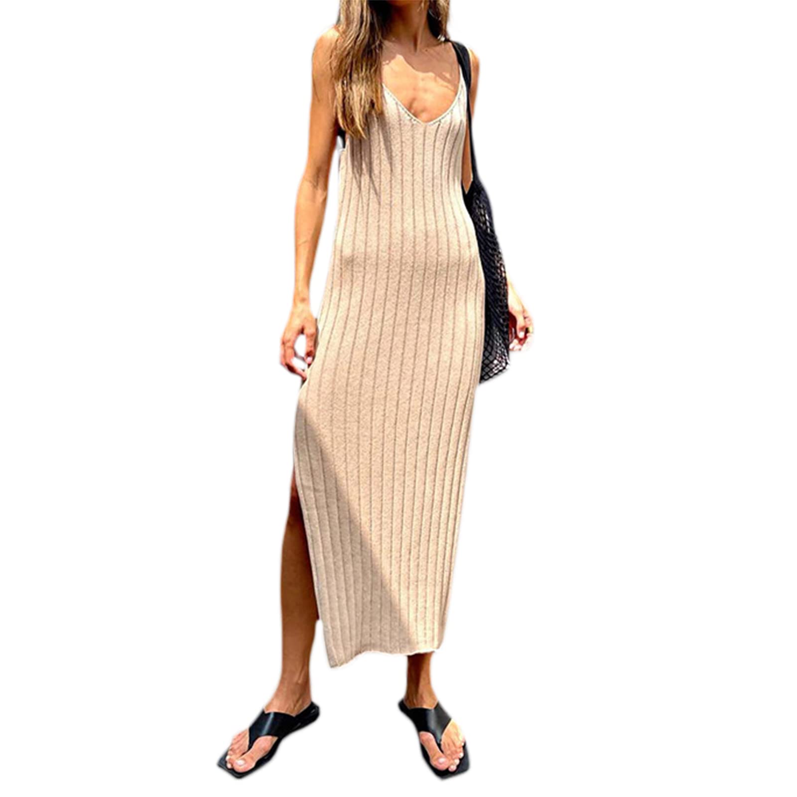 FOCUSNORM Women's Summer Knit Dress - Vertical Stripe Sleeveless Mini Halter Bodycon Dress for Beach, Party & Casual Wear