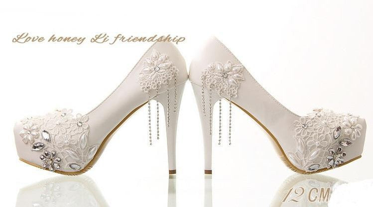 Elegant Lace Pearl Embellished Women's Wedding Bridal Shoes - Pointed Toe Heels for Brides, Prom, Evening Party & Special Occasions | Style S019