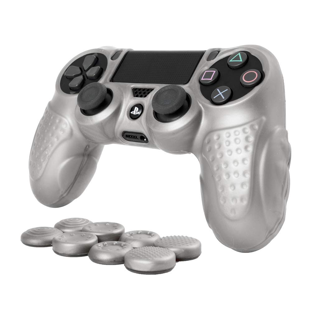 Anti-Slip Silicone Cover for PS4 Controller - DualShock 4 Skin Grip Protector Case Compatible with Sony PS4/PS4 Slim/PS4 Pro (Includes 8 Thumb Grips, Silver) - Perfect for Gaming, Streaming & Long Play Sessions