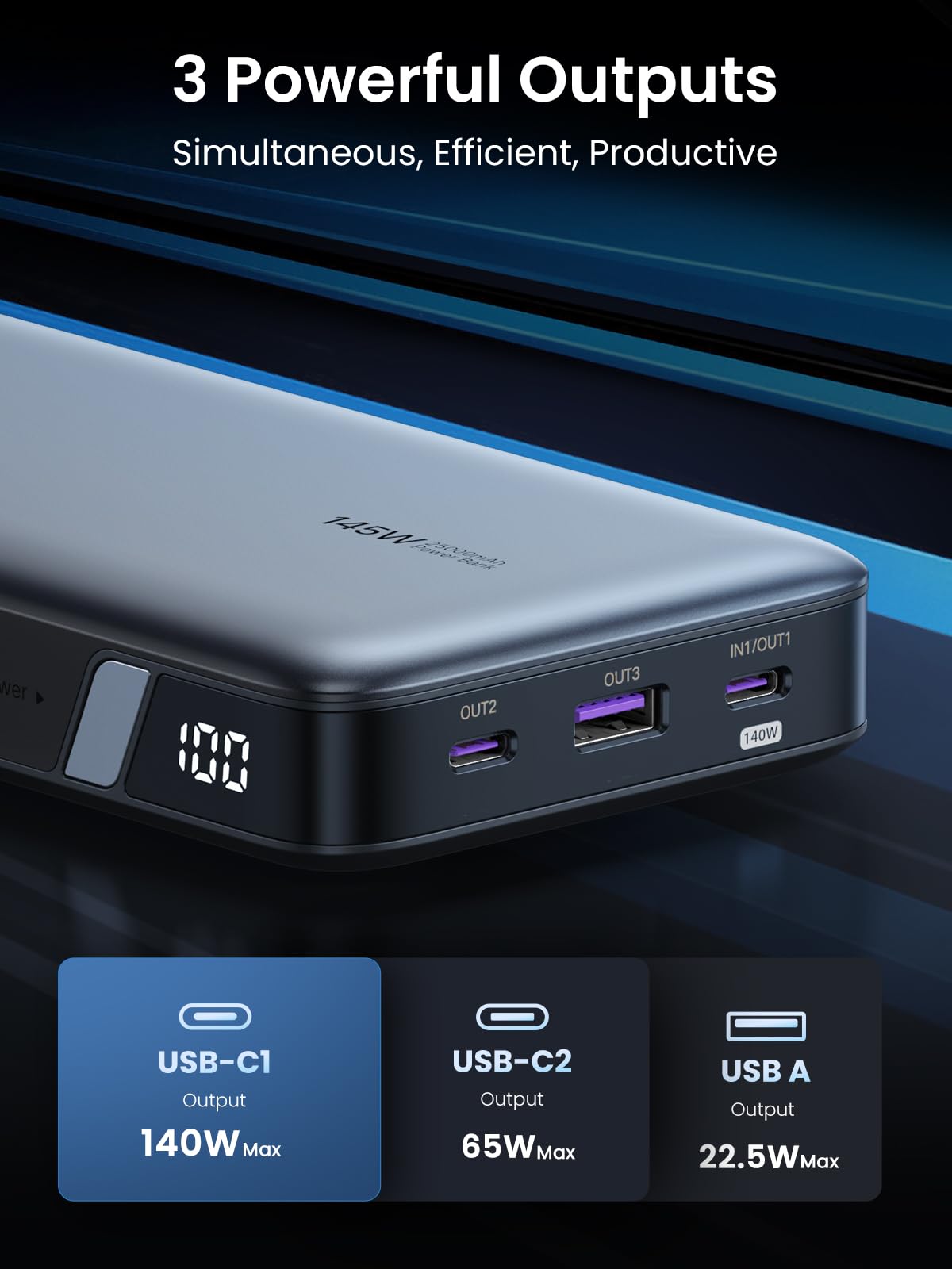 UGREEN 145W 25000mAh Laptop Power Bank with 140W PD3.0 Fast Charging, 3-Port Portable Charger for MacBook Pro/Dell XPS/iPad/iPhone 16/Galaxy S25/DJI Drone - Perfect for Travel, Work & Outdoor Adventures