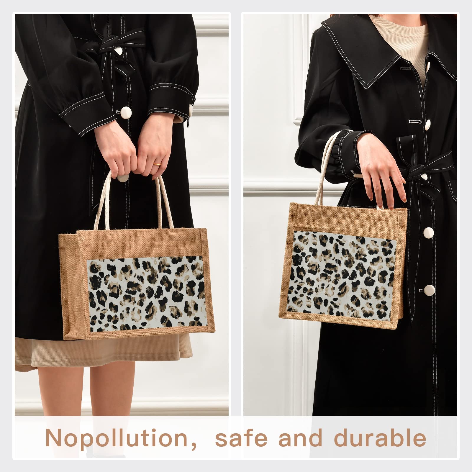 Sinestour Leopard Print Jute Tote Bag with Handle - Eco-Friendly Reusable Grocery Bags for Women | Perfect for Shopping, Beach & Farmers Market