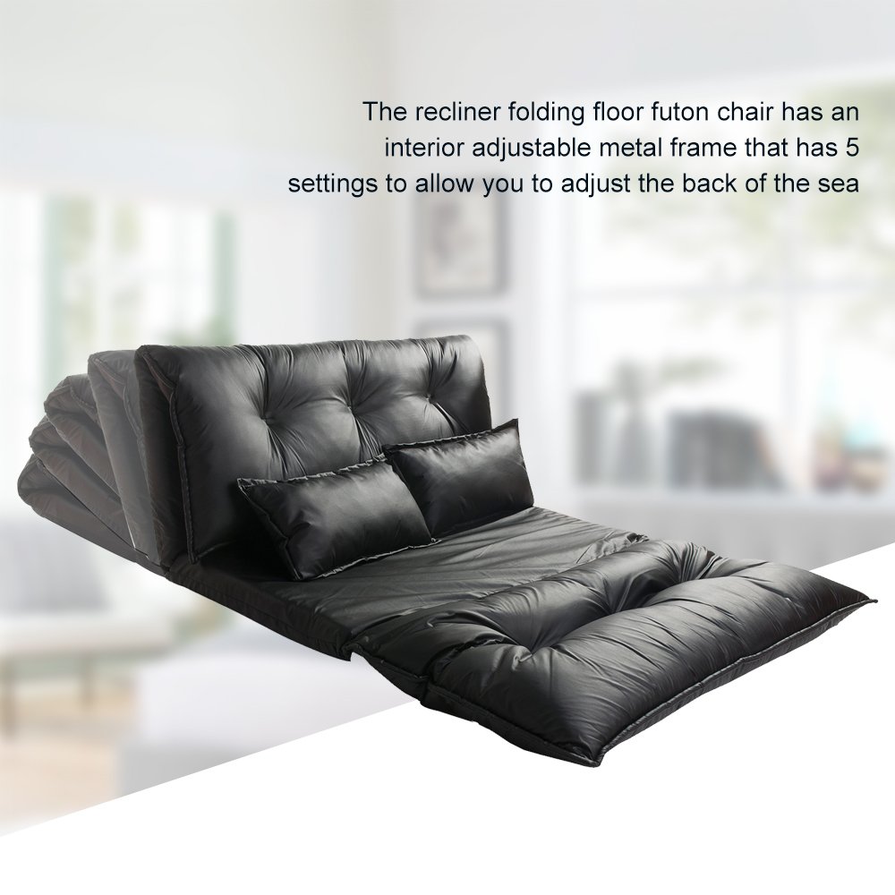 YSKWA Adjustable Floor Couch Sofa - 5 Reclining Positions, Foldable Chaise Lounge with 2 Pillows - Leather Floor Mattress for Living Room, Bedroom & Dorm - Perfect for Relaxing, Reading & Watching TV (Black)