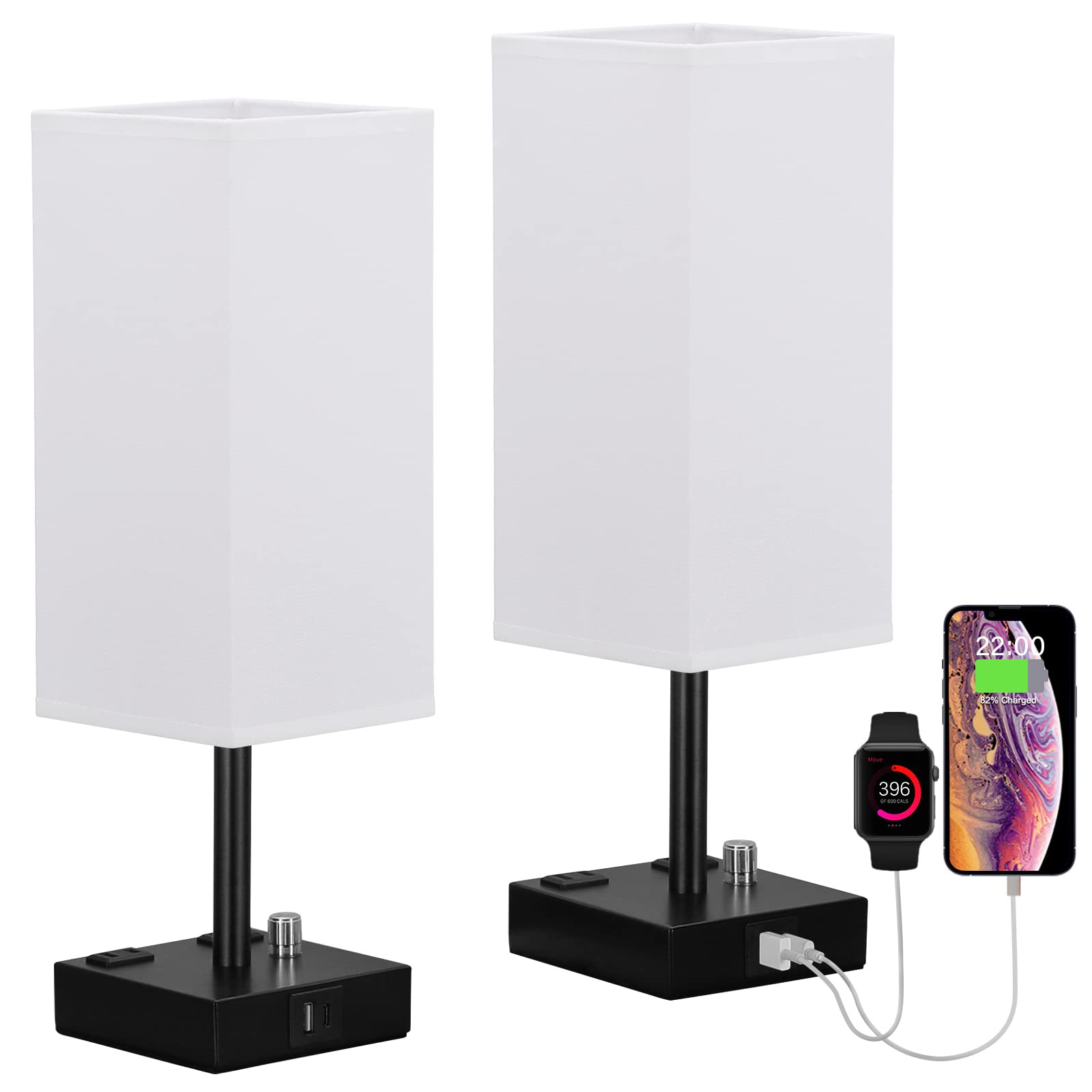 White Fully Dimmable Nightstand Lamps Set of 2 - USB C/A Charging & AC Outlet Table Lamps with Linen Shade for Bedroom, Living Room, Office (Bulb Included) | Modern Lighting for Reading, Working & Nighttime Use