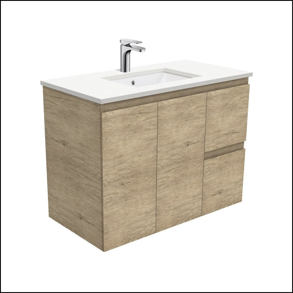 Fienza 900mm SC90SR Crystal Pure Undermount Stone Top Vanity with Scandi Oak Edge & Right Drawers - Modern Wall-Hung Bathroom Vanity for Small Spaces & Contemporary Home Decor