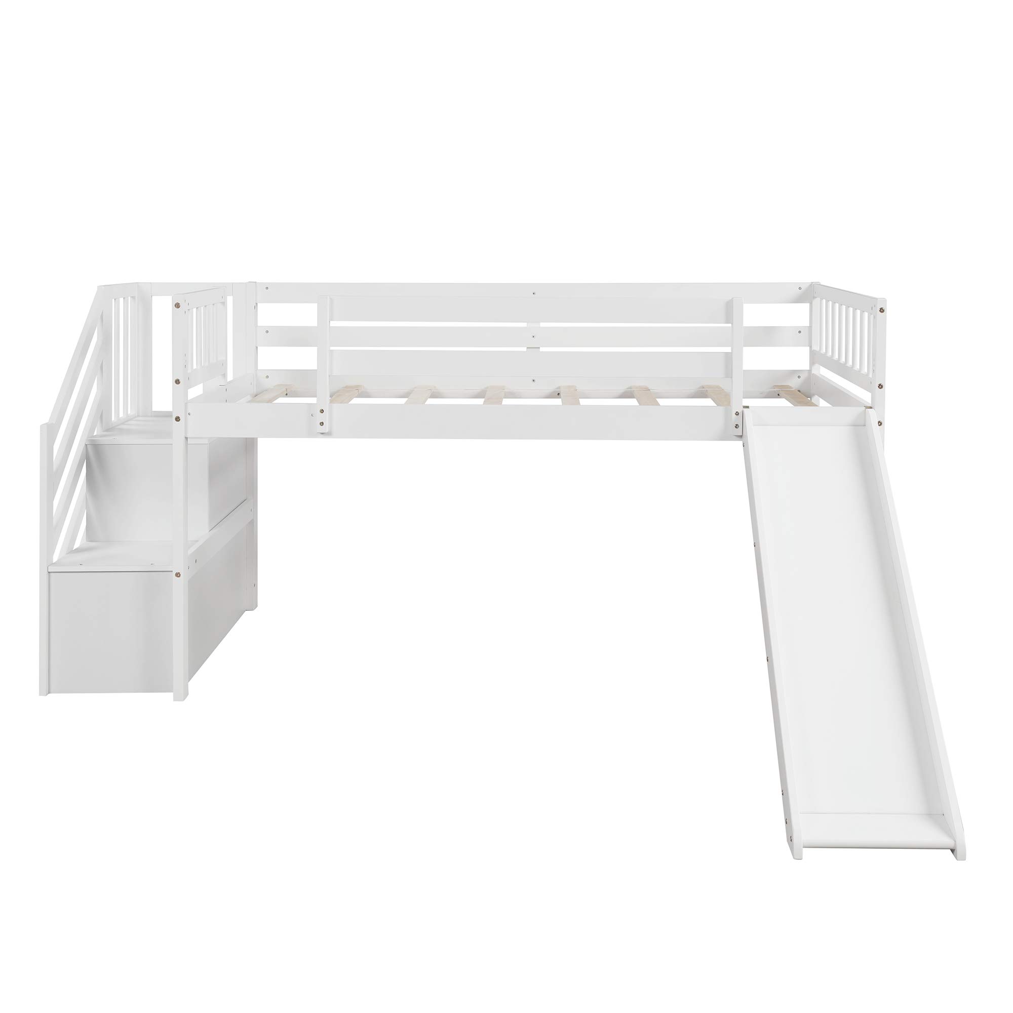 **Twin Size Low Loft Bed with Adjustable Slide & 2-Step Staircase - Wooden Kids Loft Bed for Girls & Boys, No Box Spring Needed (White + Pine) - Perfect for Small Bedrooms, Playrooms & Dorm Rooms**