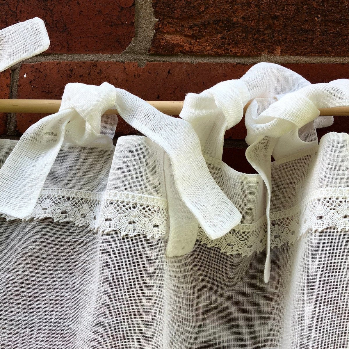 Penketh Sheer Cream Ivory Lace Kitchen Curtain with Pompoms - Elegant Window Treatment for Farmhouse, Cottage & Vintage Style Kitchens