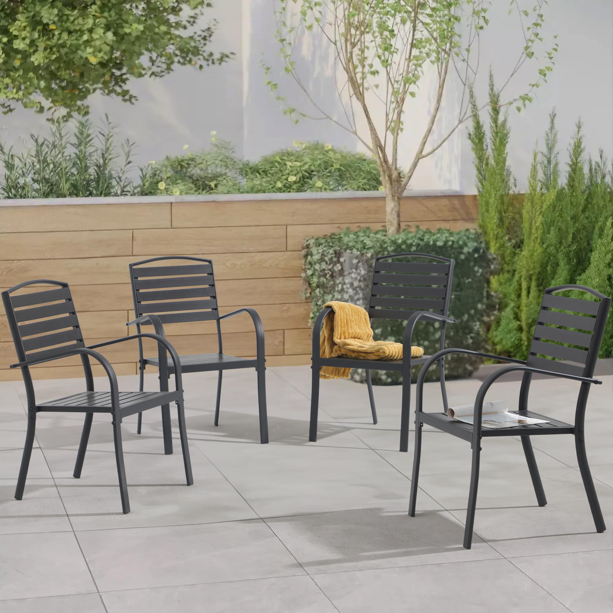 4-Piece Patio Dining Chairs Set - Stackable Outdoor Chairs with Backrest & Armrest - Durable Aluminum Frame Garden Furniture for Backyard, Deck, Lawn - Perfect for Outdoor Dining, BBQs & Poolside Relaxation (Black)